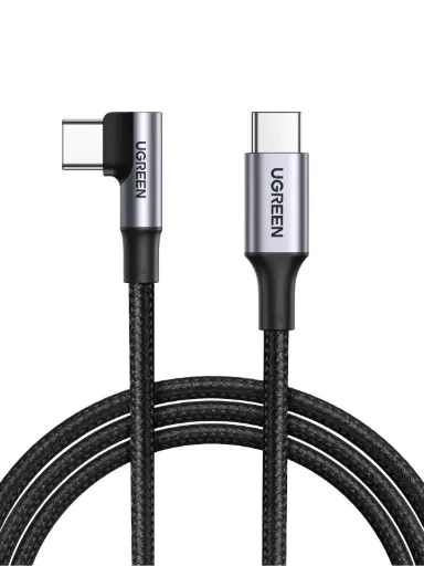كابل شحن سريع يوغرين بزاوية 90 درجة من USB-C إلى USB-C بقوة 100 واط تقنية PD مضفر بطول 3 أمتار - رمادي فلكي / أسود (موديل: 70643)