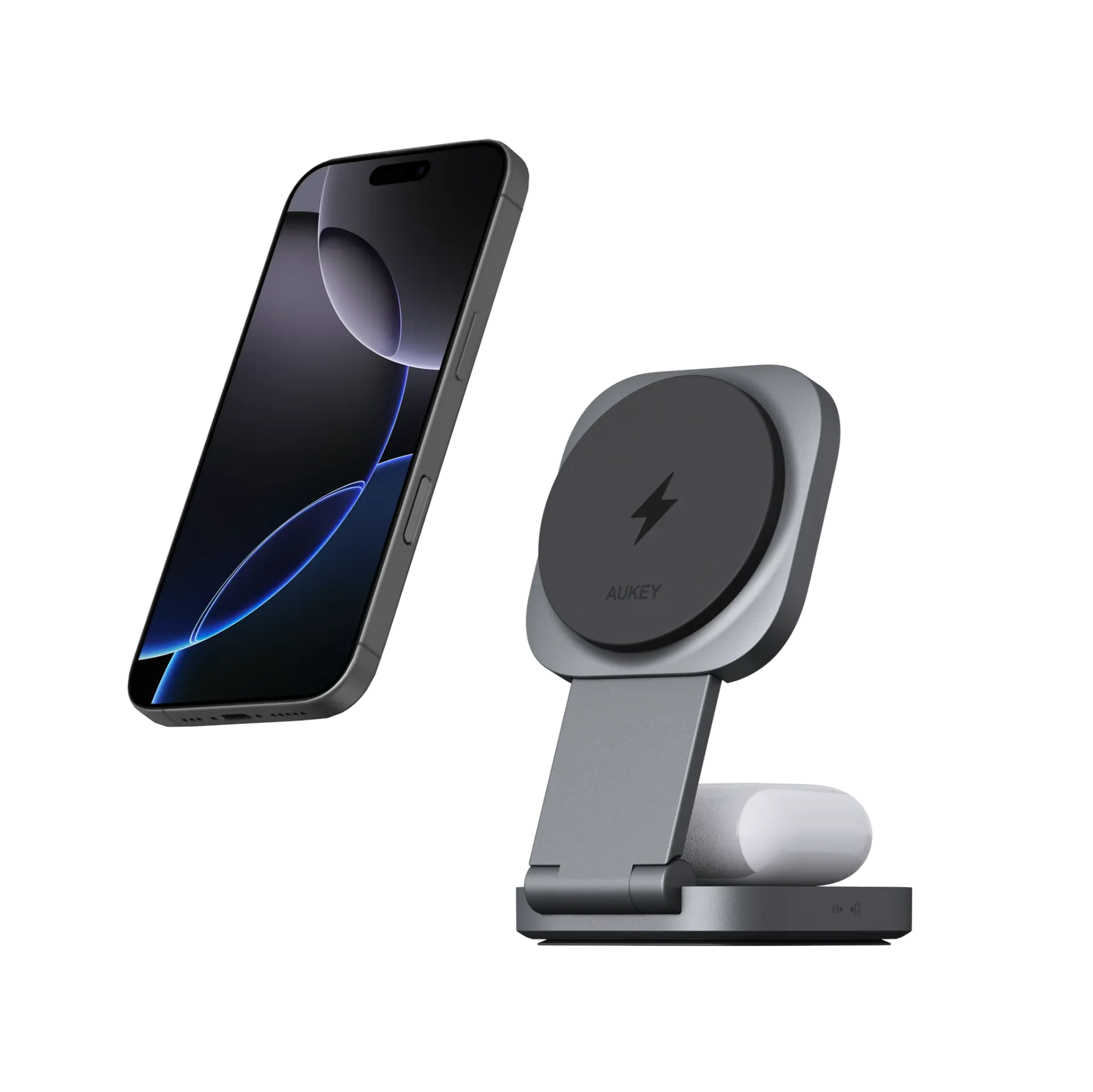 Aukey Foldable 2-In-1 Magnetic Wireless Charger -Gray
