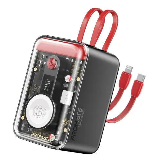 Promate Power Bank 20K-65W With Cable USB-C &Lightning-Red